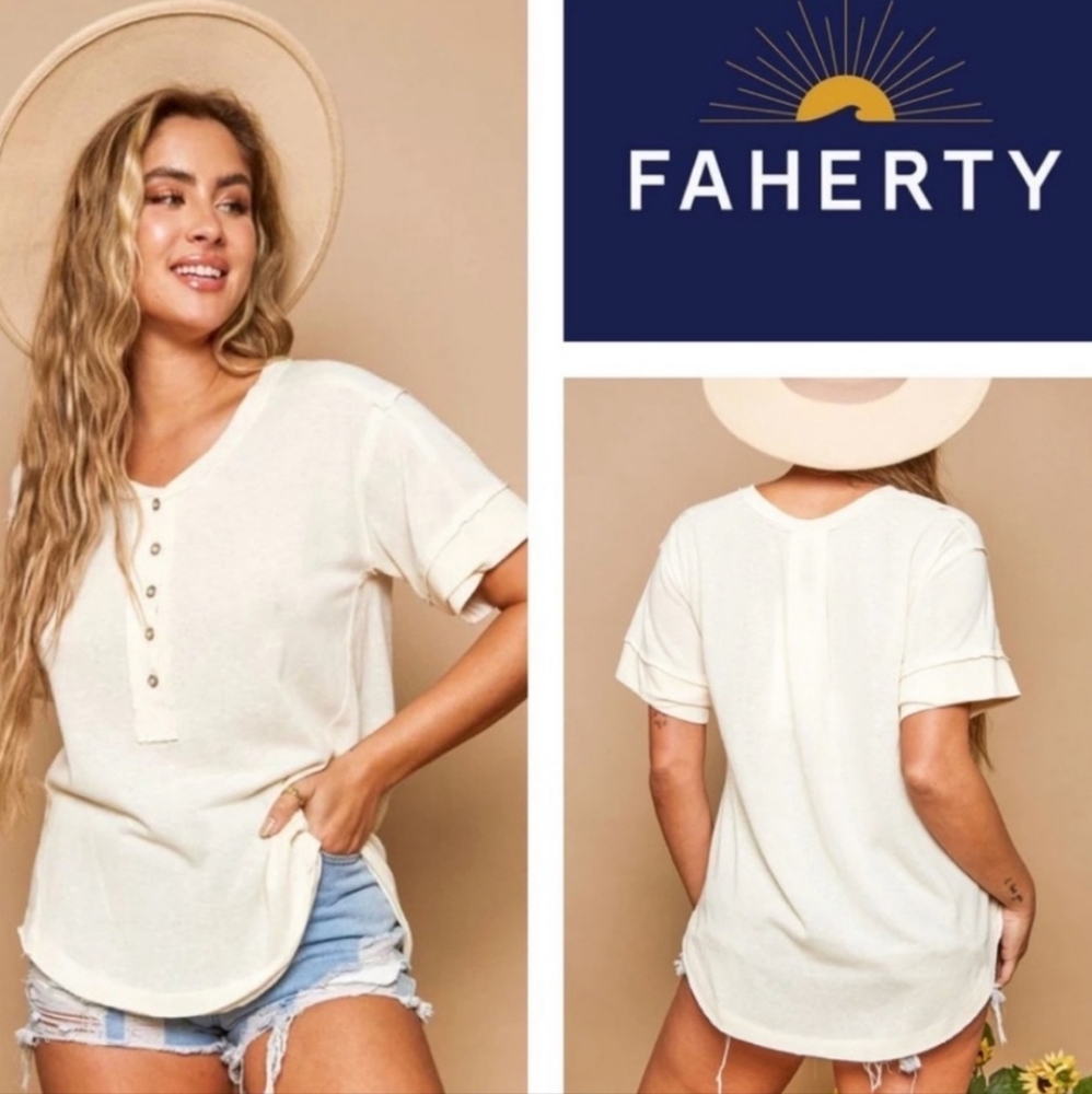$98. FAHERTY Allandria Henley White Top